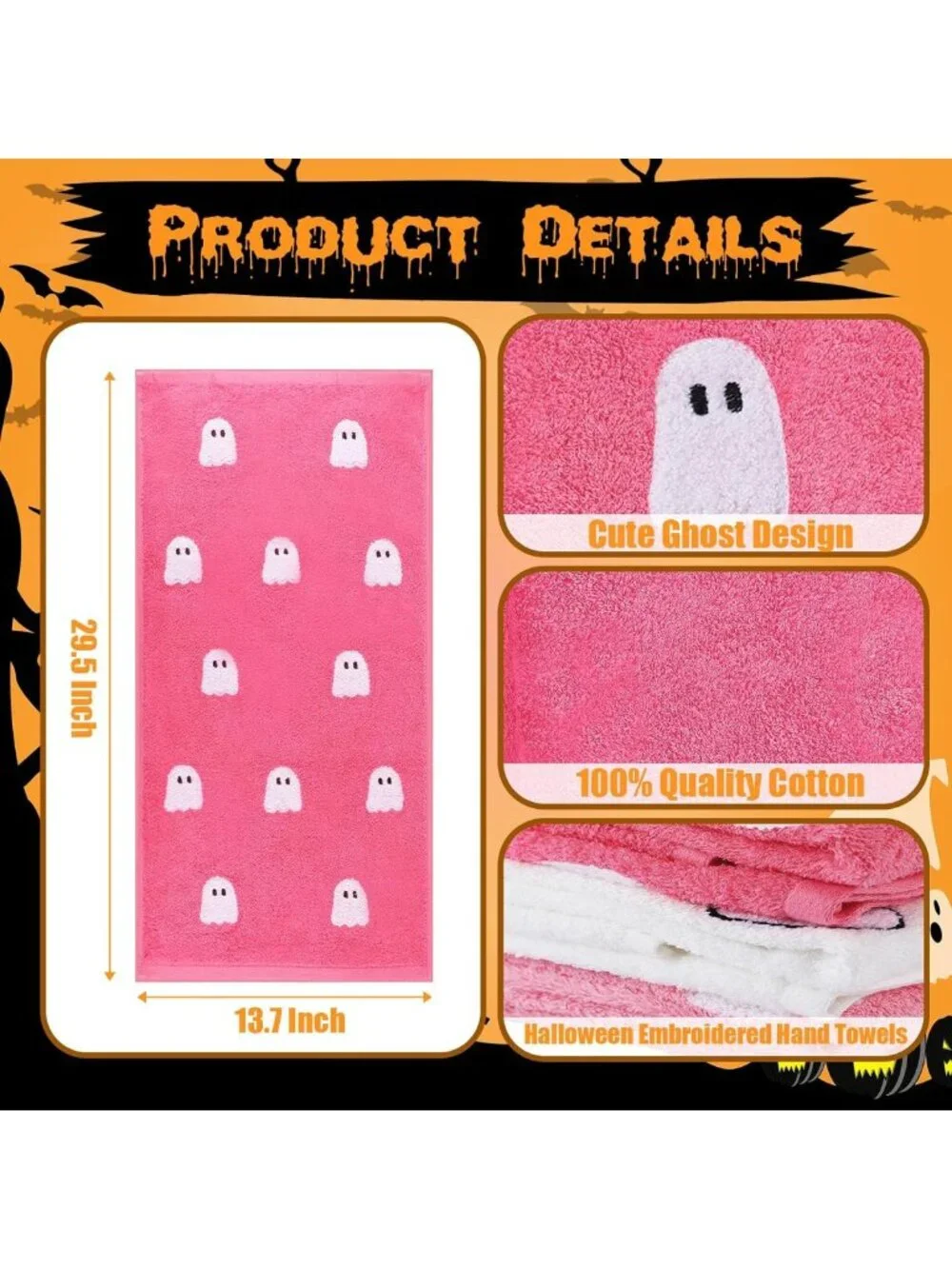 3 Pcs Pink Ghost Hand Towels - 100% Cotton Halloween Decor, Cute Kitchen Gifts